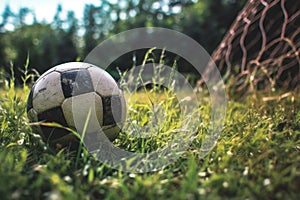 Soccer ball on grassy field against net