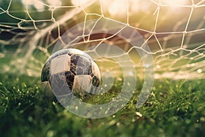 Soccer ball on grassy field against net