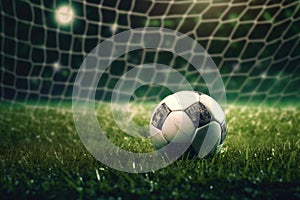 Soccer ball on grassy field against net