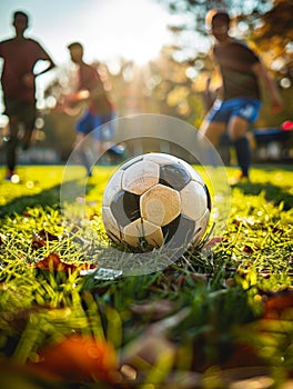 Soccer ball on a grassy field with players silhouettes and autumn leaves, lit by a soft sunset.