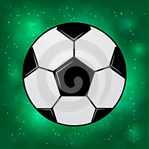 Soccer ball on green blurred boreh sparkling background. Universe of football concept. Healthy life, sport and activities in the