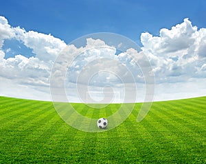 Soccer ball on the green field, Blue sky with cloud in summer