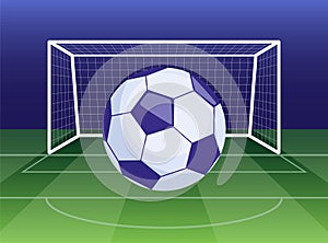 Soccer ball on green field in front of goal post. Football ball against sport stadium. Vector illustration