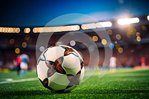 A soccer ball on a green field in soccer football stadium