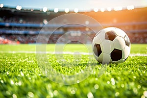 A soccer ball on a green field in soccer football stadium during game