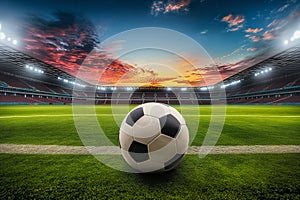 A soccer ball on a green field in soccer football stadium during game