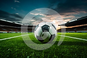A soccer ball on a green field in soccer football stadium during game