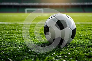 A soccer ball on a green field in soccer football stadium during game