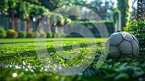 Soccer ball on the green field of stadium with lights and flashes