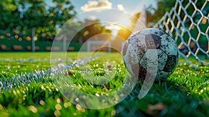 Soccer ball on the green field of stadium with lights and flashes