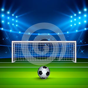 Soccer ball on green football field on stadium, arena in night illuminated bright spotlights. Vector illustration