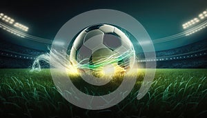 Soccer ball on green football field of stadium, close up evening neon glowing, world championship