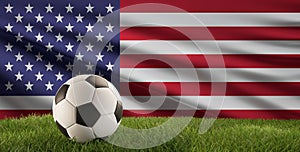 Soccer ball green grass 3d-illustration and flag of America