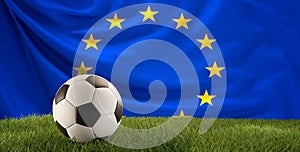 Soccer ball green grass 3d-illustration and flag of Europe