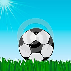 Soccer ball on the green grass. Blue sky and sun. Football concept. Sport vector illustration. Summer sunny day. Healthy life and