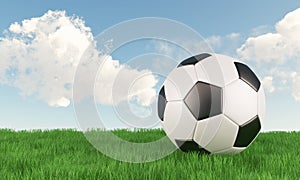 Soccer ball on green grass field with blue sky