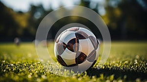 Soccer ball on green grass field in sunny summer day