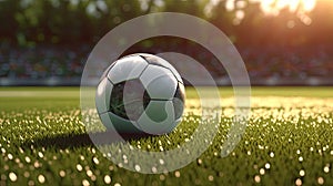 Soccer ball on green grass field at sunset. Generative AI.