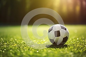 A soccer ball on the green grass of a football field on a sunny summer day