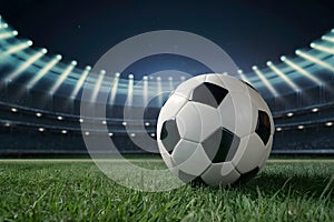 Soccer ball on green grass of football stadium at night with lights, capturing sports ambiance