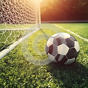 Soccer ball on green grass near soccer goal, game, sport theme. Generative AI