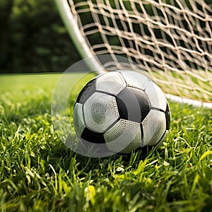 Soccer ball on green grass near soccer goal, sport theme. Generative AI