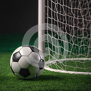 Soccer ball on green grass near soccer goal, sport theme. Generative AI