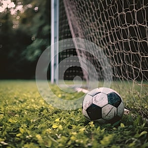 Soccer ball on green grass near soccer goal, sport theme. Generative AI