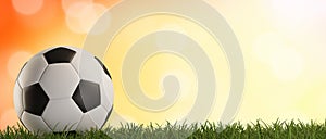 Soccer ball green grass orange background 3d-illustration