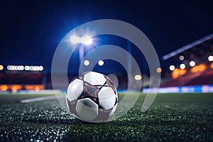 Soccer ball on green grass at sport stadium. Generative AI