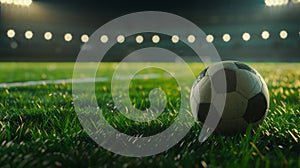 A soccer ball on green grass at a sport stadium, with spotlights lighting the field at night, Ai Generated