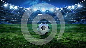 A soccer ball on green grass at a sport stadium, with spotlights lighting the field at night, Ai Generated