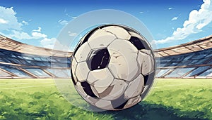 Soccer ball on the green lawn of stadium with empty stands. View from below against background of blue sky with fluffy clouds.
