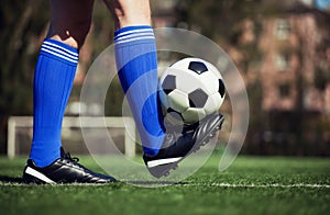 Soccer ball on green playground. Soccer concept