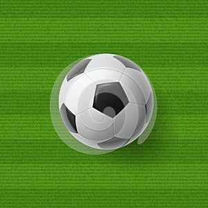 Soccer ball on green striped grass background. Vector abstract football poster