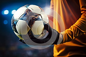 The soccer ball is held securely in the close up of the goalkeepers hands