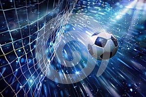 Soccer ball hitting the back of the net with a cosmic backdrop, depicting the thrill of scoring a goal