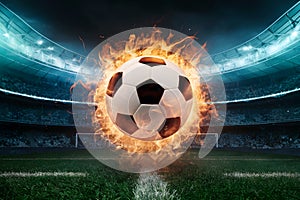 Soccer ball ignited with vigor amidst electrifying stadium ambiance