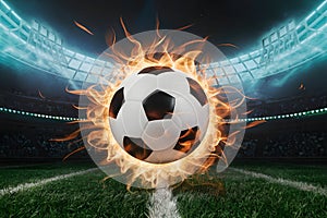 Soccer ball ignited with vigor amidst electrifying stadium ambiance