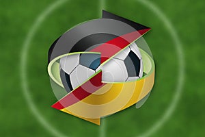 Soccer ball inside exchange symbol with German flag.