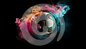 Soccer ball kicking through a fiery wave of glowing paint generated by AI