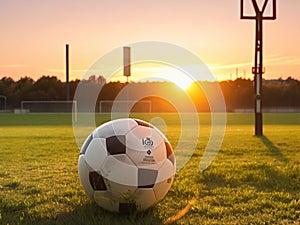 Soccer ball at the kickoff of a game with sunset on a meadow