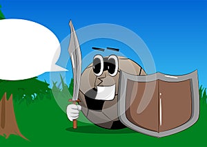 Soccer ball knight holding a sword and shield.