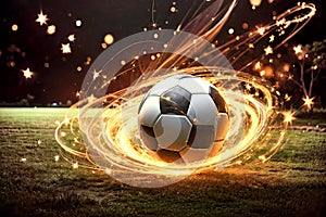 A soccer ball on a lawn is surrounded by a fiery spiral, night shot, made with generative ai