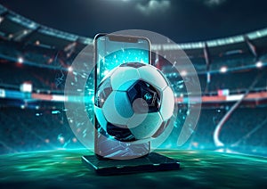 A soccer ball leaps from a phone screen against a stadium backdrop, capturing the thrill of online sports betting