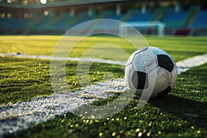 Soccer ball on lush green pitch with bokeh light, early morning dew highlighting the serene field