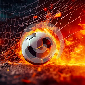 Soccer ball is in the middle of fire filled goalie net. Generative AI