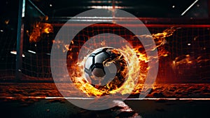 Soccer ball is in the middle of fireball on soccer field. Generative AI