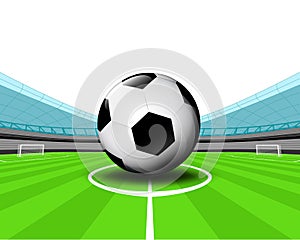 Soccer ball in the midfield of football stadium vector