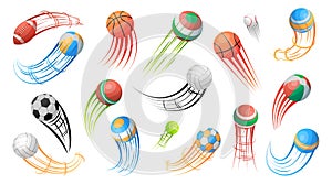 Soccer ball motion. Football logo of kick speed goal. Shoot silhouette. Abstract score trail. Flying play spheres with